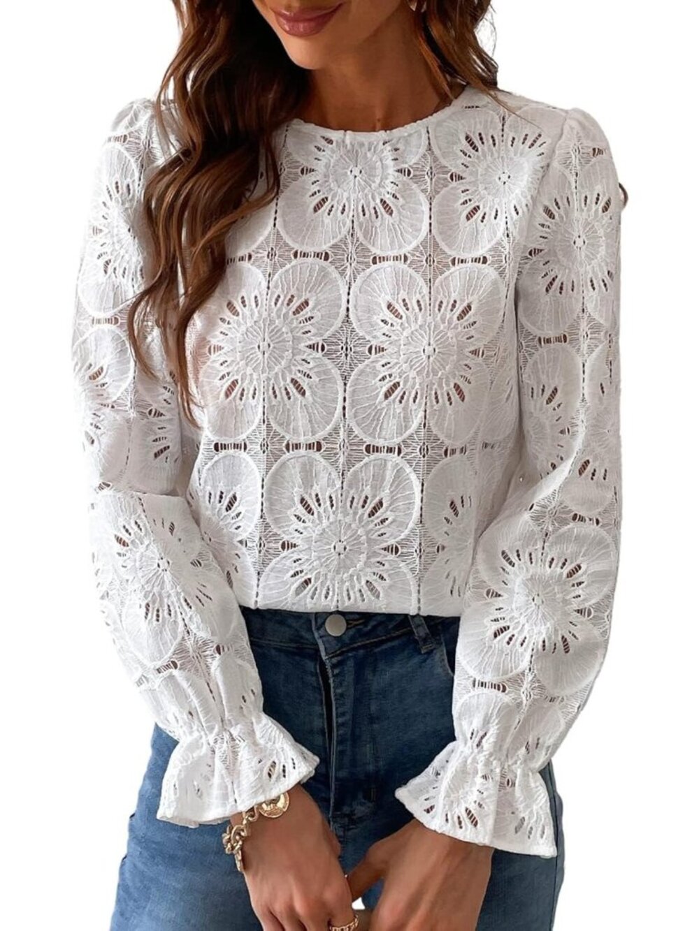 Lace Eyelet Puff Sleeve Blouse for Women - Trendy Summer Top, Stylish & Chic